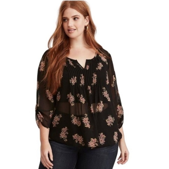torrid Tops - Torrid Womens Top Size 14 Black Floral Sheer Tunic Pleated Chiffon 16 Pintuck